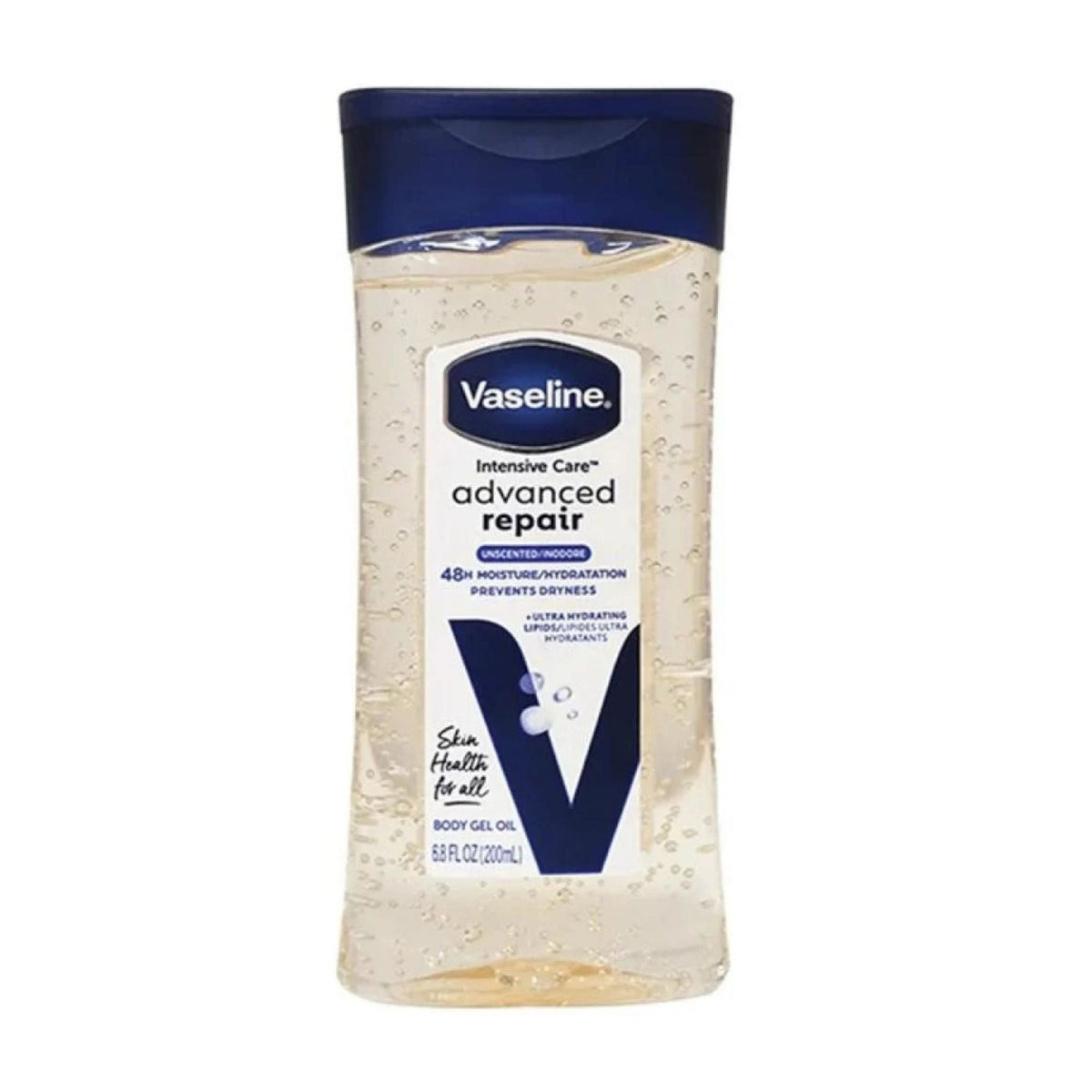 Refect Beauty Vaseline Intensive Advanced Repair body gel oil in a clear bottle with a dark blue flip-top cap.