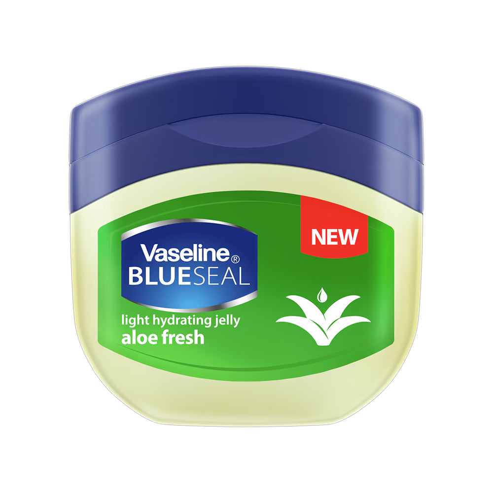 Refect Beauty Vaseline Aloe Fresh light hydrating body gel in a clear jar with a blue lid and green aloe label.