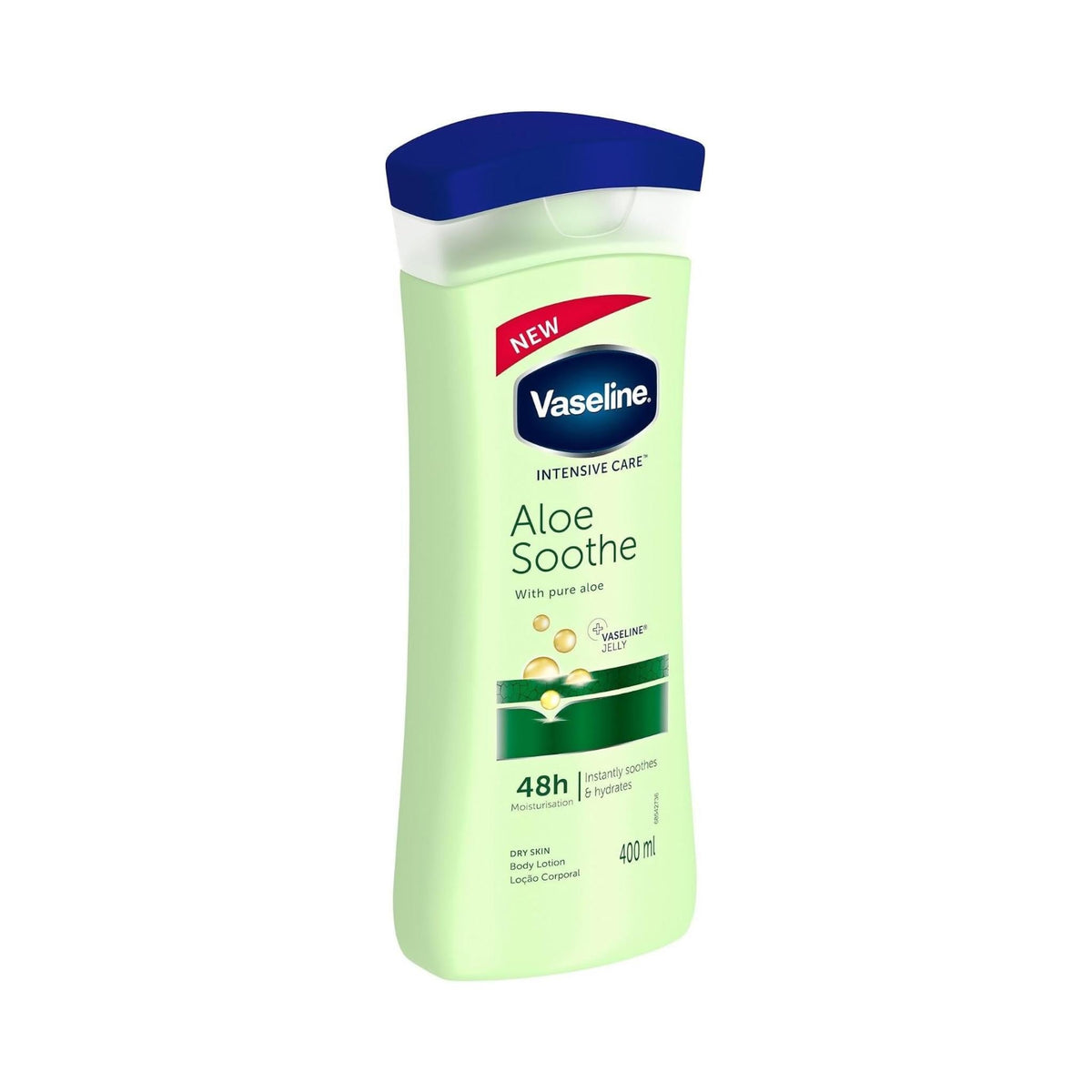 Refect Beauty Vaseline Aloe Soothe Intensive Care body lotion bottle with a green design and blue flip-top cap.