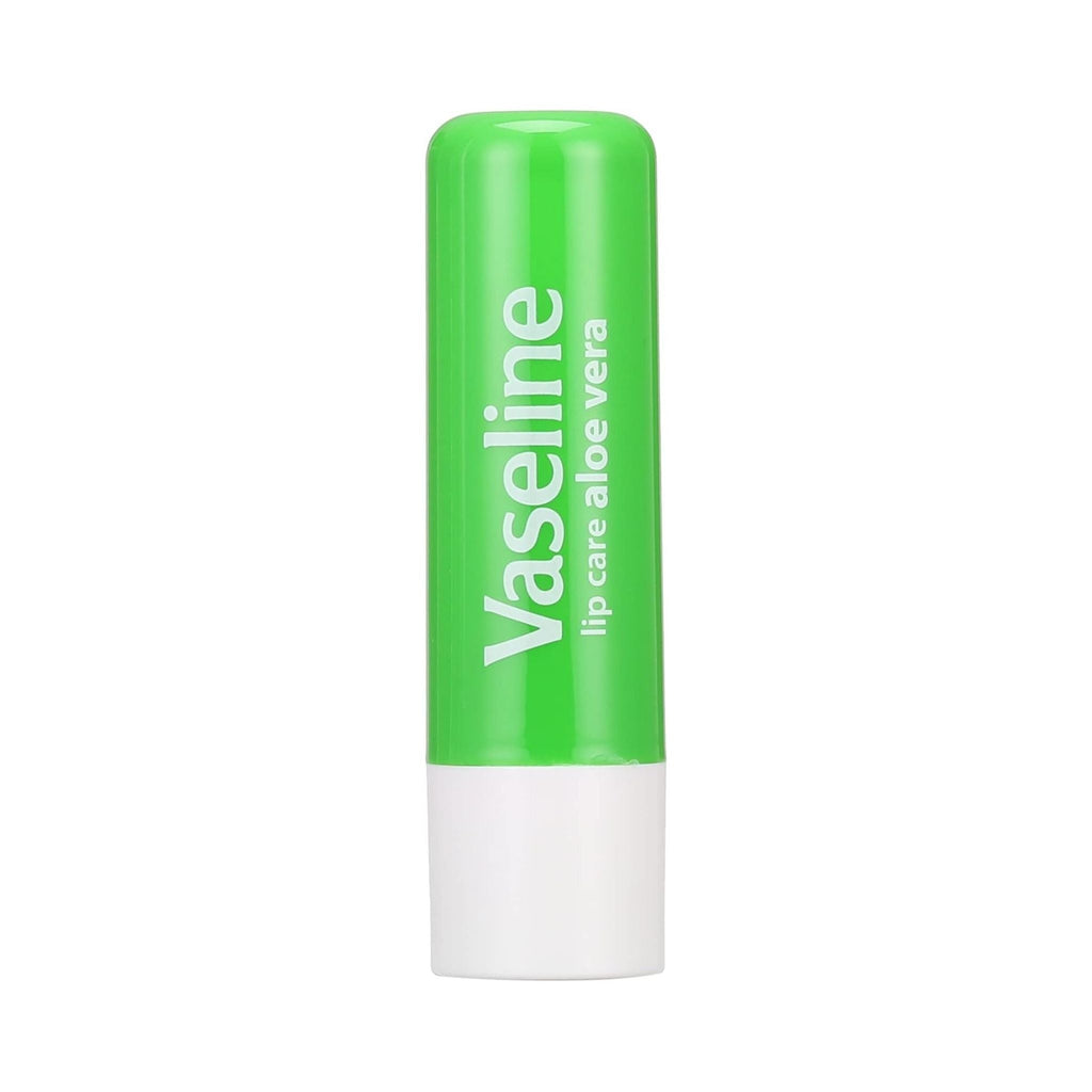 Refect Beauty Vaseline Aloe Vera lip balm stick in a bright green tube for soothing and moisturizing dry lips.