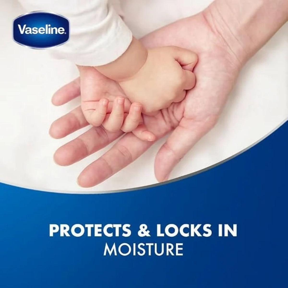 Refect Beauty Vaseline Baby Moisturizing Jelly applied to a parent holding a baby's hand for gentle skin protection.