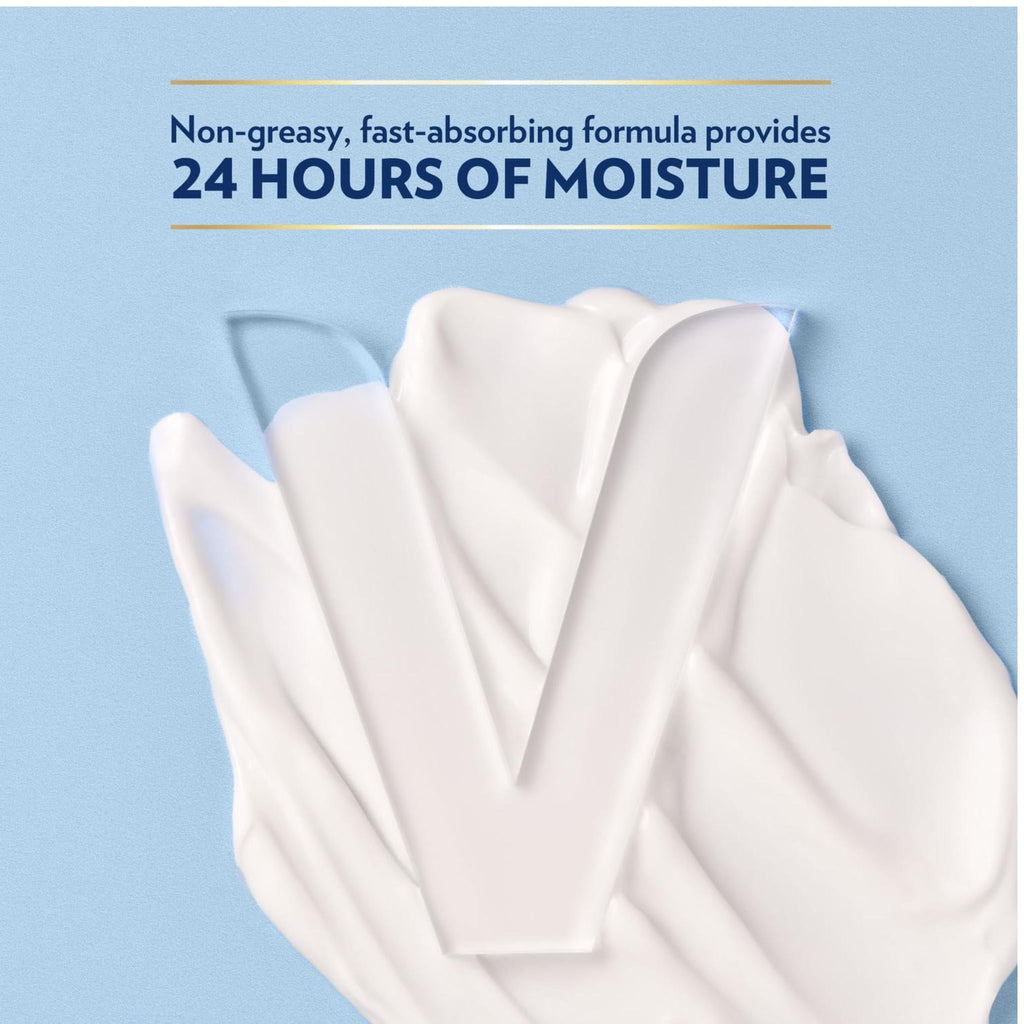Refect Beauty Vaseline Essential Healing body lotion cream texture with a V-shaped impression on a light blue background