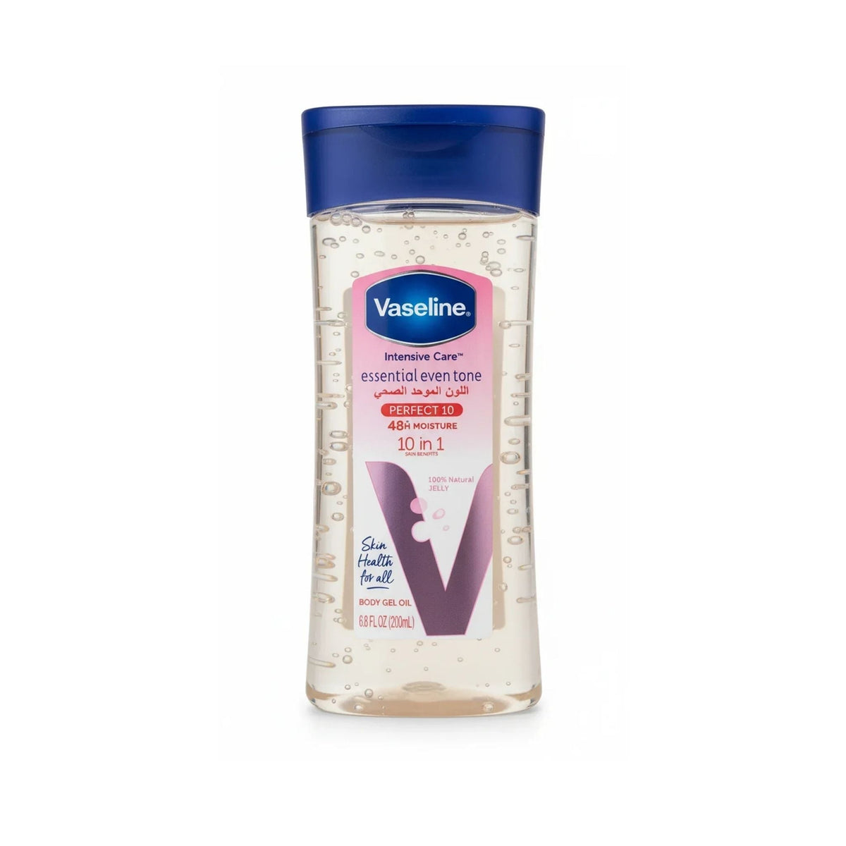 Refect Beauty Vaseline Intensive Care Essential Even Tone body oil in a clear 200ml bottle with a blue cap.