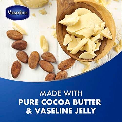 Refect Beauty Vaseline Cocoa Butter Healing Jelly featuring raw cocoa butter chunks and beans on a wooden surface