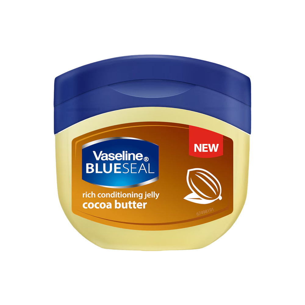 Refect Beauty Vaseline Blue Seal Cocoa Butter rich conditioning jelly in a plastic jar for moisturizing dry skin.