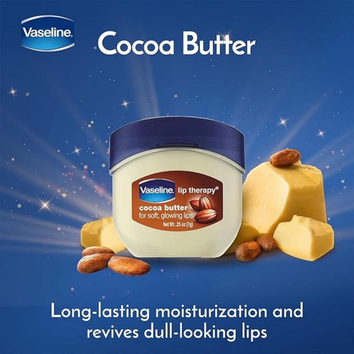 Refect Beauty Vaseline Lip Therapy Cocoa Butter balm in a small jar surrounded by cocoa butter chunks and beans.