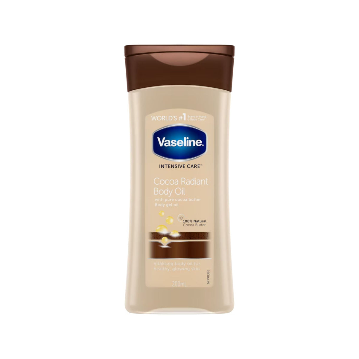 Refect Beauty Vaseline Cocoa Radiant Body Oil in a 200ml beige bottle with brown cap for nourishing dry skin