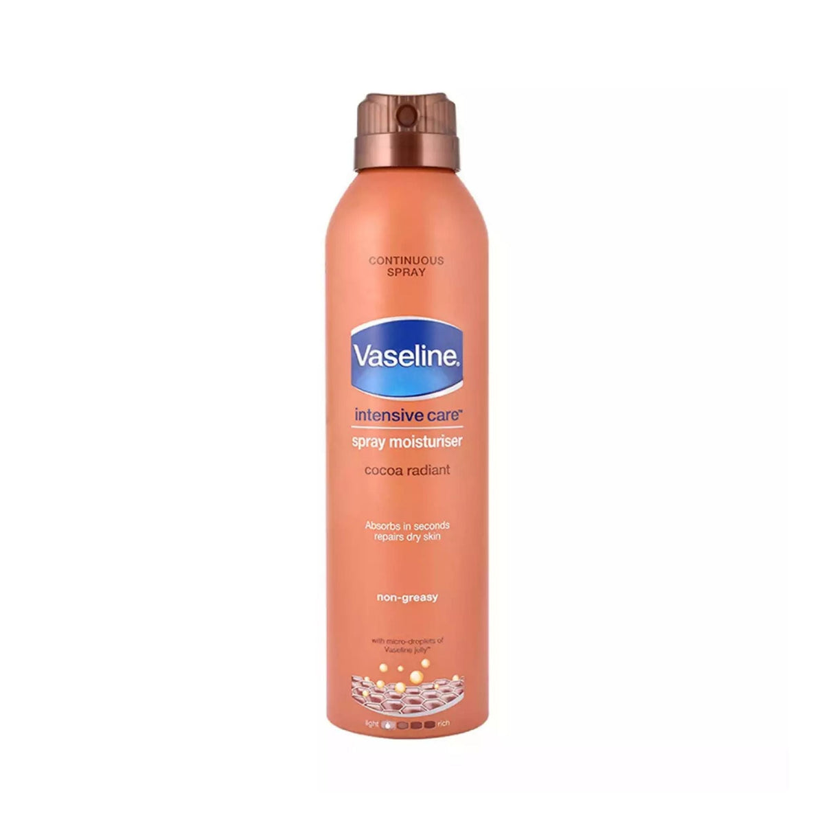 Refect Beauty Vaseline Intensive Care Cocoa Radiant body spray in a brown aerosol can for moisturizing dry skin