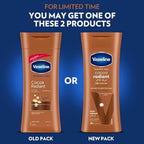 Refect Beauty Vaseline Intensive Care Cocoa Radiant body lotion showing old and new packaging designs side by side.