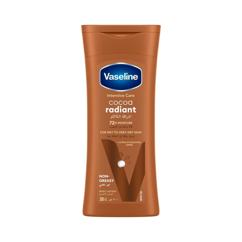 Refect Beauty Vaseline Intensive Care Cocoa Radiant body lotion bottle for dry skin with cocoa butter and jelly