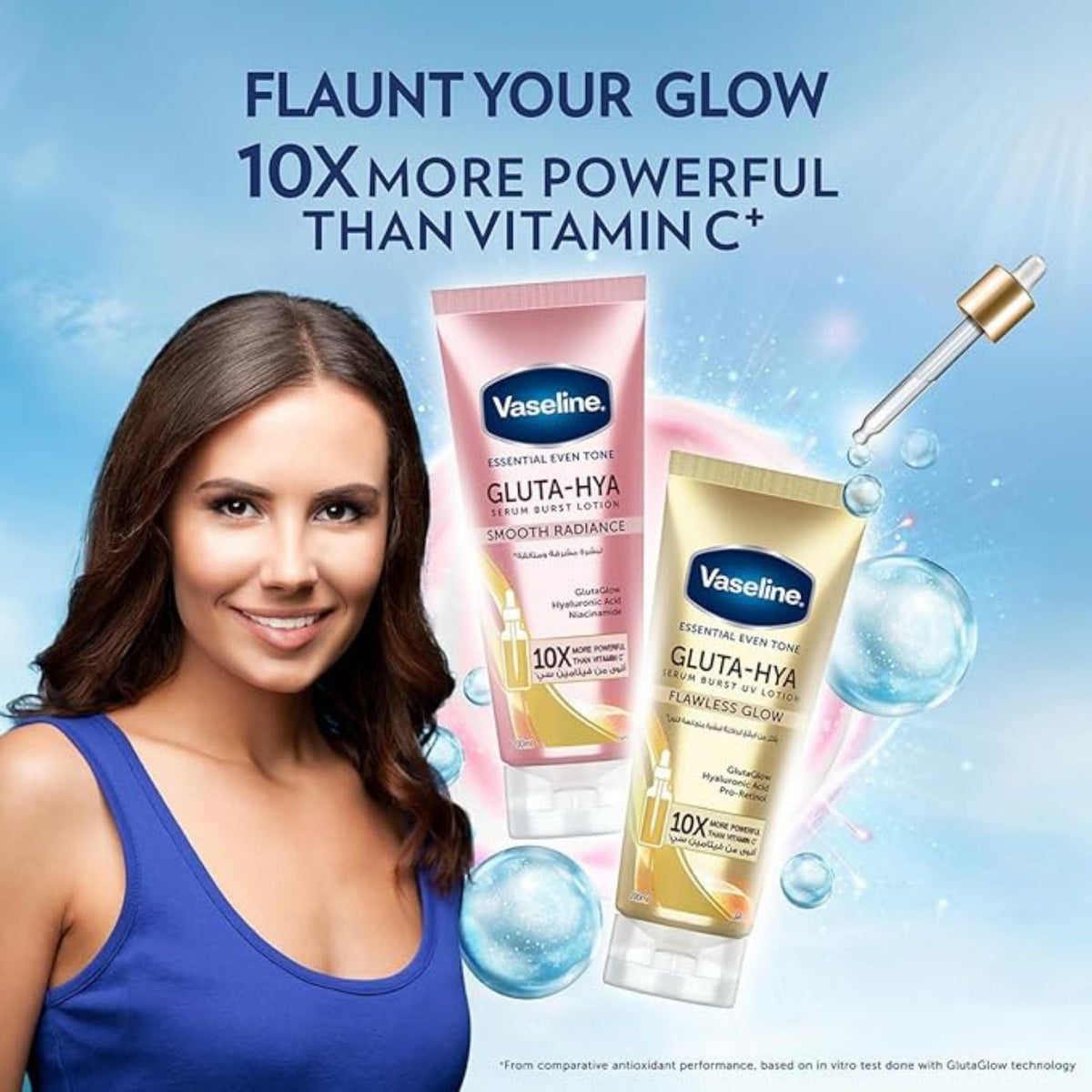 Refect Beauty Vaseline Gluta-Hya Flawless Glow body lotion tubes with a smiling woman and floating water droplets