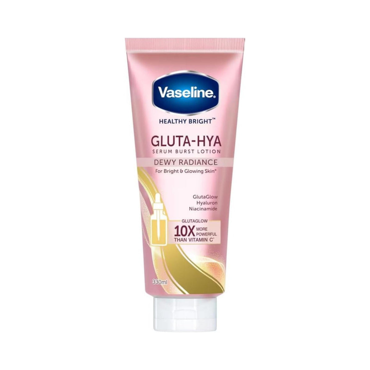 Refect Beauty Vaseline Gluta-Hya Smooth Radiance body lotion in a pink 330ml squeeze tube for glowing skin.
