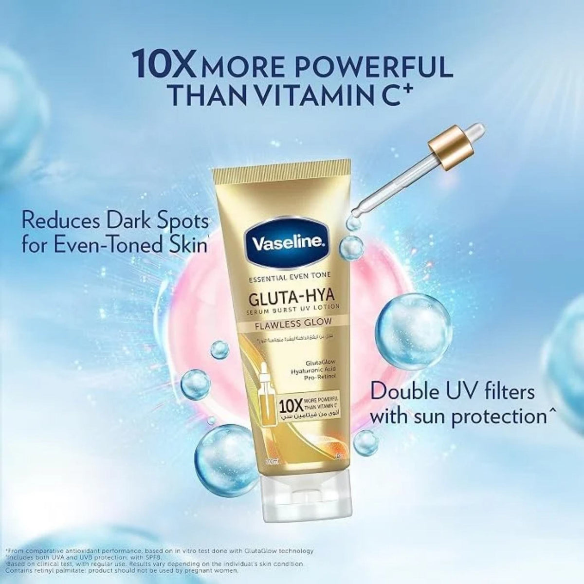 Refect Beauty Vaseline Gluta-Hya Flawless Glow body lotion tube with serum dropper and hydrating water bubbles