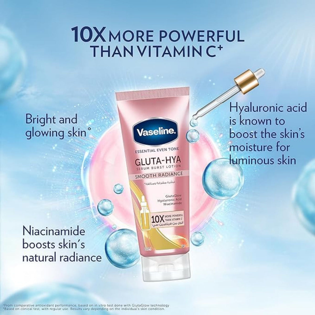 Refect Beauty Vaseline Gluta-Hya Smooth Radiance body lotion tube with serum droplets and glowing skin ingredients