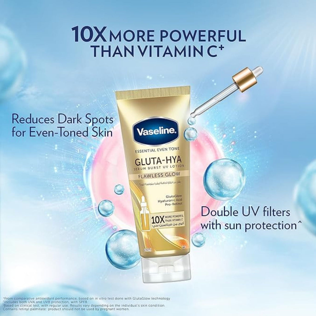 Refect Beauty Vaseline Gluta-Hya Flawless Glow body lotion tube with serum dropper and hydrating water bubbles