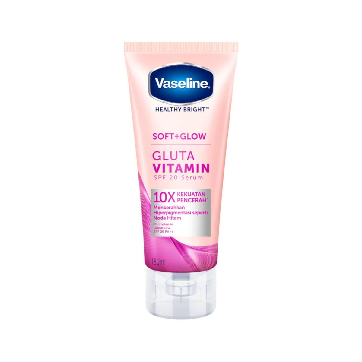 Refect Beauty Vaseline Gluta Vitamin Serum SPF 20 body lotion in a pink 180ml squeeze tube for skin brightening.