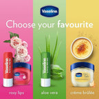 Refect Beauty Vaseline Lip Therapy collection featuring Rosy Lips, Aloe Vera, and Crème Brûlée balms.