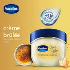 Refect Beauty Vaseline Lip Therapy Crème Brûlée balm in a small jar with a blue lid on a yellow background