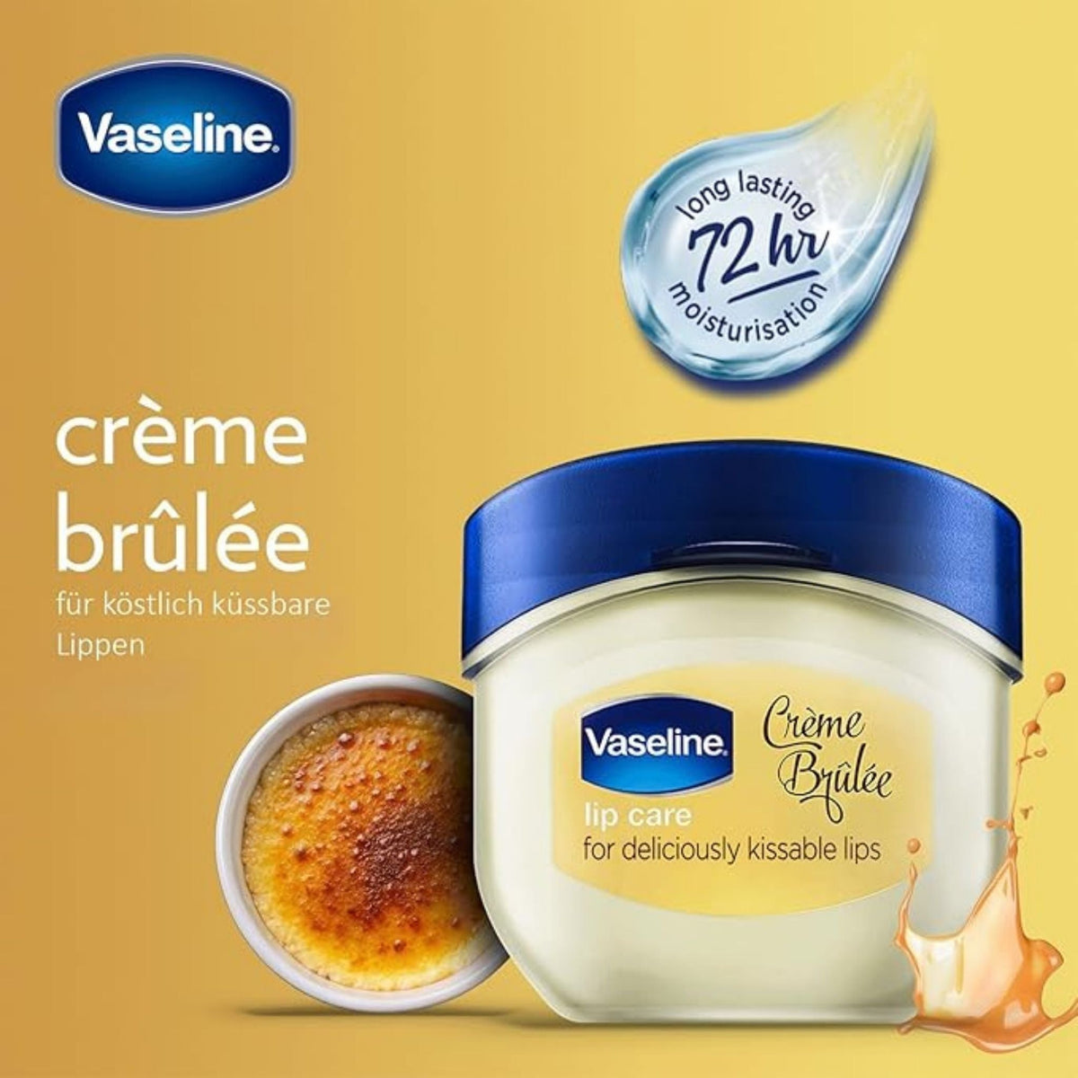 Refect Beauty Vaseline Lip Therapy Crème Brûlée balm in a small jar with a blue lid on a yellow background