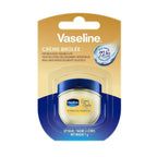 Refect Beauty Vaseline Lip Therapy Crème Brûlée lip balm in a small jar with a blue lid on a gold blister card.