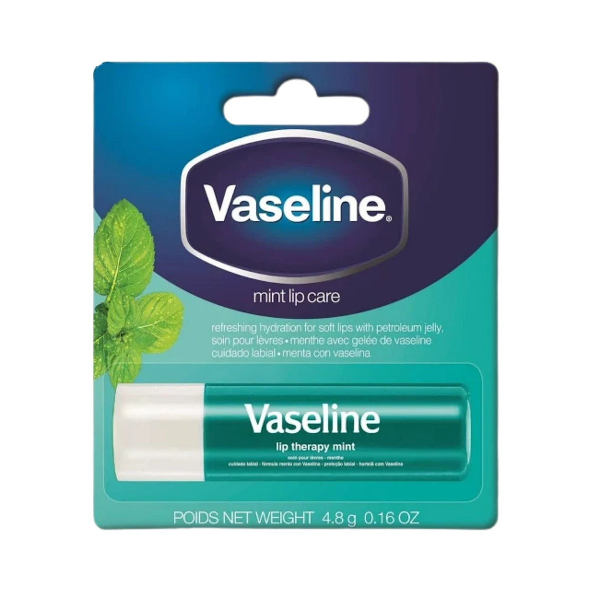 Refect Beauty Vaseline Mint Lip Therapy balm in a green twist-up tube on its original refreshing mint-themed packaging
