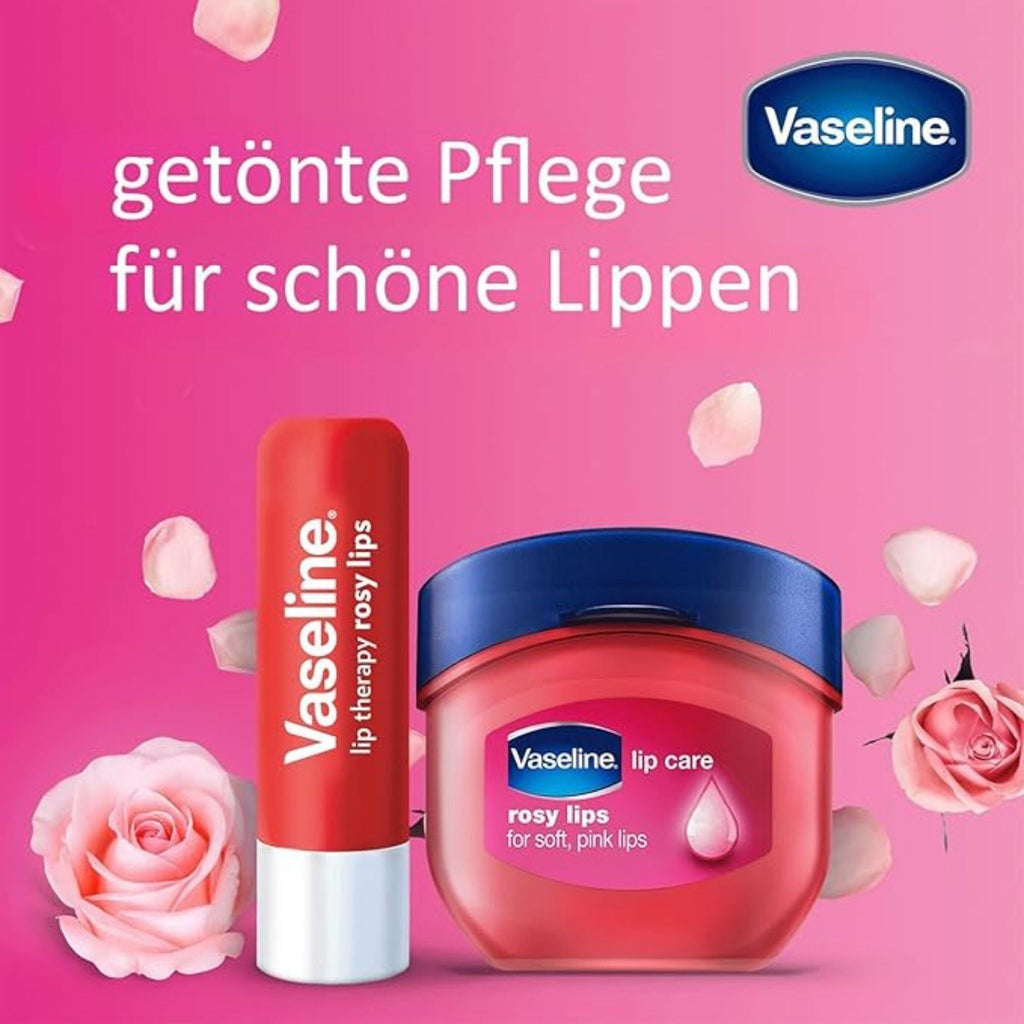 Refect Beauty Vaseline Lip Therapy Rosy Lips balm stick and jar set with rose petals on a bright pink background