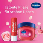 Refect Beauty Vaseline Lip Therapy Rosy Lips balm stick and jar set with rose petals on a bright pink background