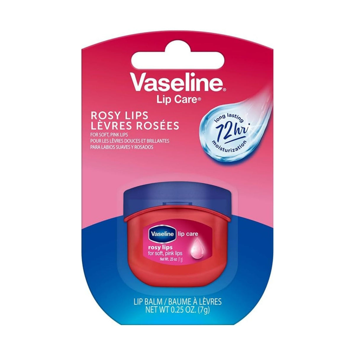 Refect Beauty Vaseline Lip Therapy Rosy Lips mini balm in pink packaging for moisturizing and softening dry lips.
