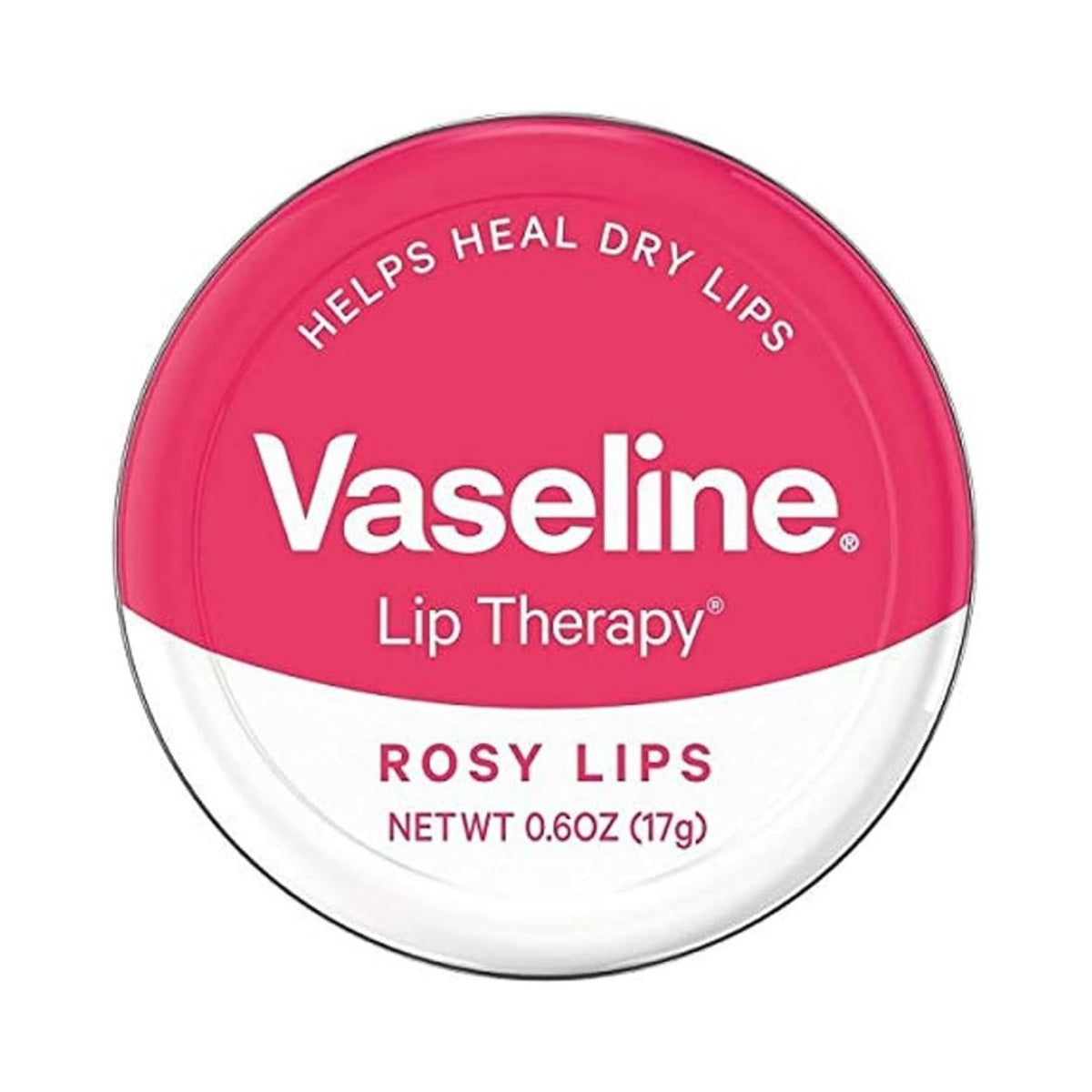Refect Beauty Vaseline Lip Therapy Rosy Lips balm in a round pink and white tin for moisturizing dry chapped lips