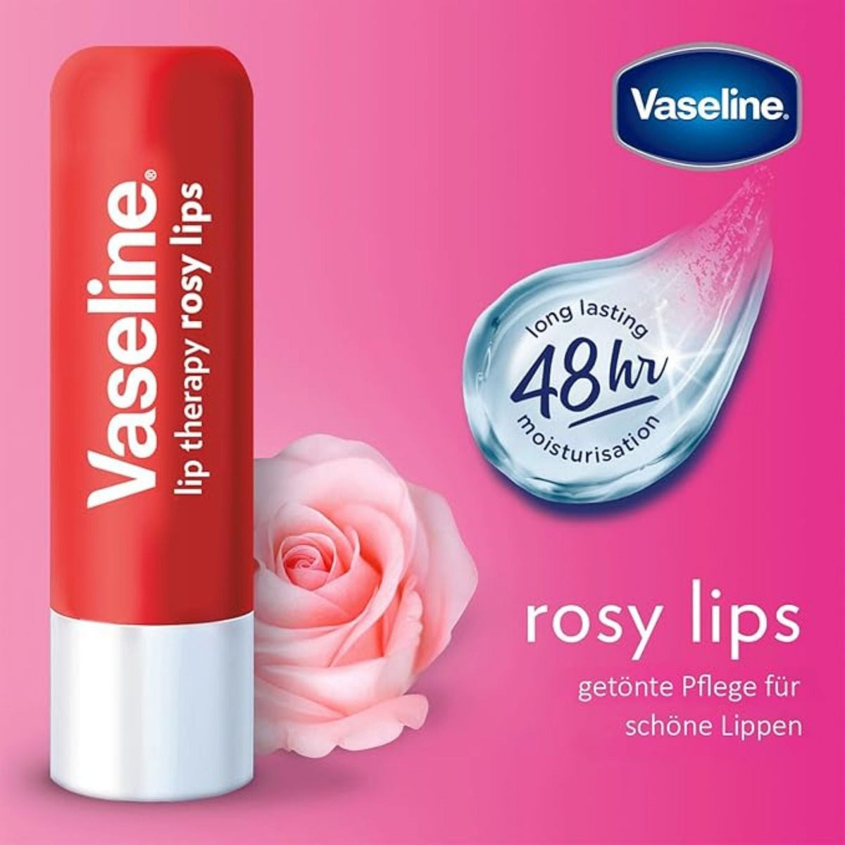 Refect Beauty Vaseline Lip Therapy Rosy Lips balm stick with a pink rose and 48-hour moisture icon on a pink background