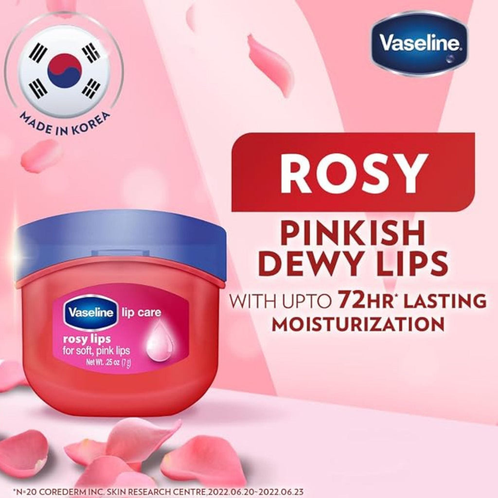 Refect Beauty Vaseline Lip Therapy Rosy Lips mini balm in a pink container with rose petals on a soft pink background