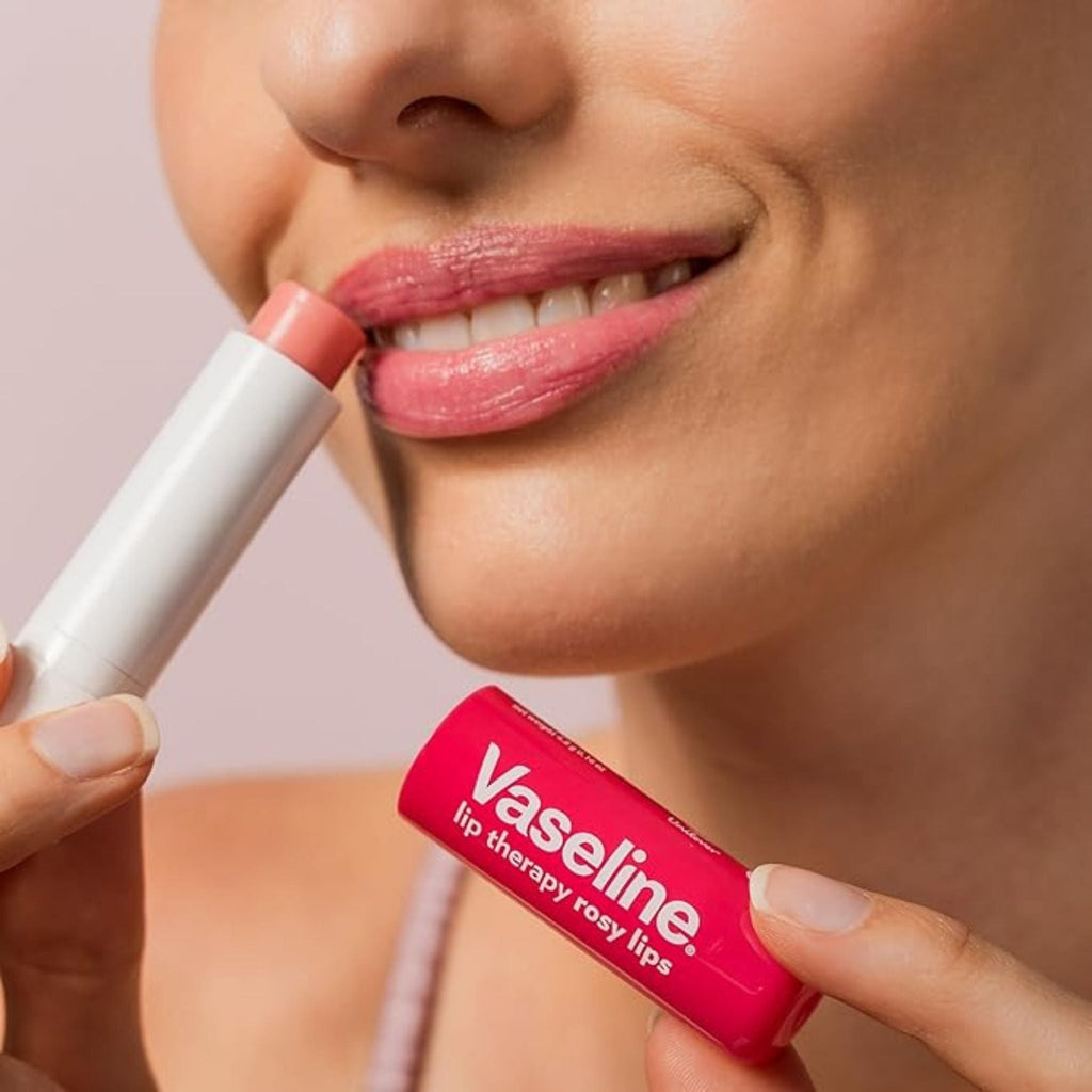 Refect Beauty Vaseline Lip Therapy Rosy Lips balm being applied to lips for a soft, tinted, and hydrated finish.