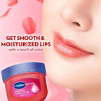 Refect Beauty Vaseline Lip Therapy Rosy Lips balm jar next to a woman with smooth, hydrated, tinted pink lips.