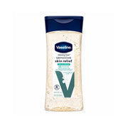 Refect Beauty Vaseline Intensive Care Sensitive Skin Relief Body Gel Oil in a clear 200ml bottle with a blue cap.