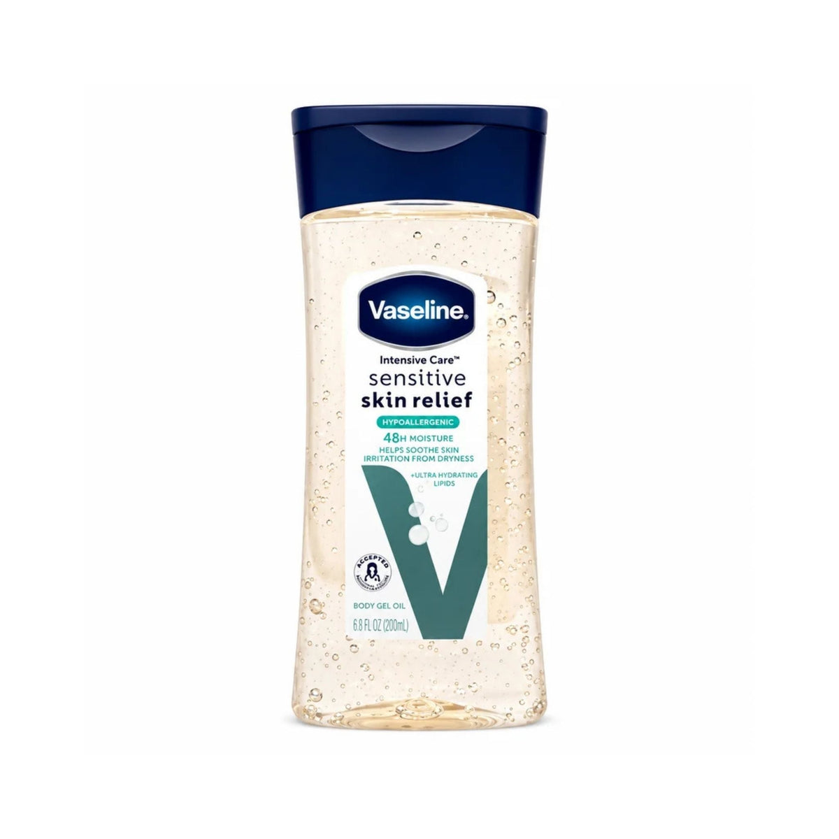Refect Beauty Vaseline Intensive Care Sensitive Skin Relief Body Gel Oil in a clear 200ml bottle with a blue cap.