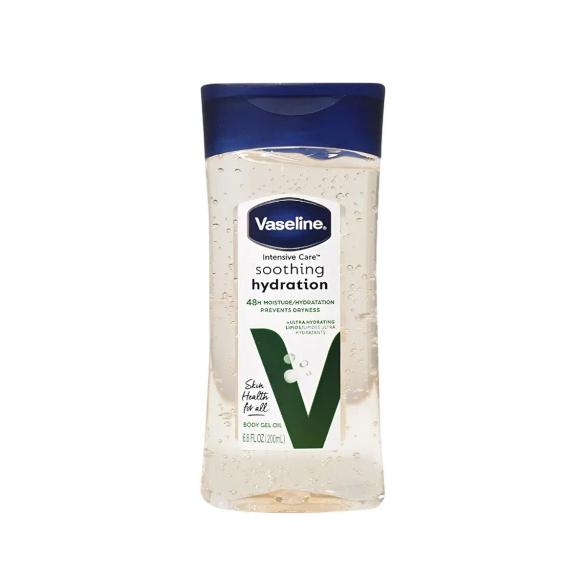 Refect Beauty Vaseline Soothing Hydration 48h Moisture Body Gel Oil in a clear bottle with a blue cap.