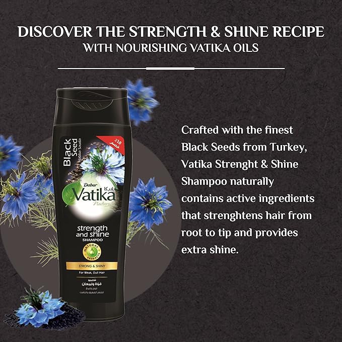 Refect Beauty Vatika Dabur Black Seed shampoo bottle with blue flower illustrations on a dark background
