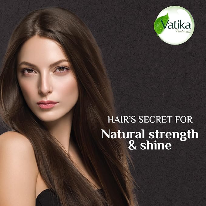 Refect Beauty Vatika Dabur Black Seed shampoo advertisement featuring a woman with long, shiny, healthy brown hair.