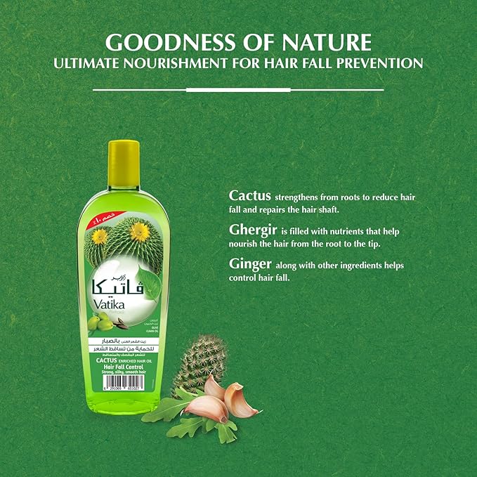 Refect Beauty Vatika Cactus Enriched Anti-Hair Fall Oil bottle with cactus and ginger ingredients on green background