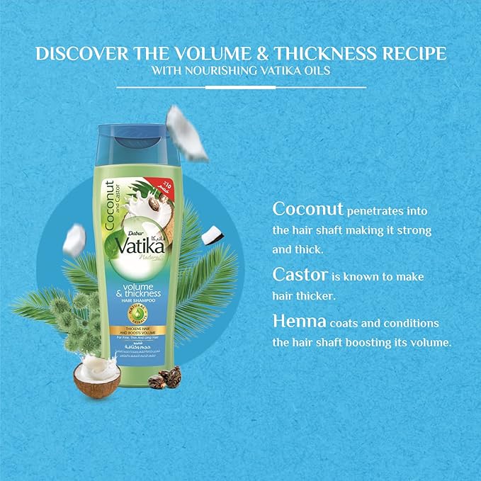 Refect Beauty Vatika Dabur Coconut and Castor shampoo bottle for hair volume and thickness on a blue background