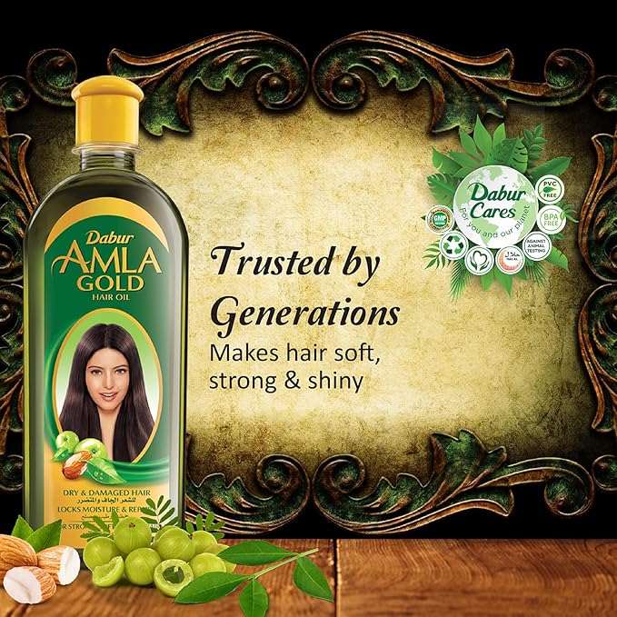 Refect Beauty Vatika Dabur Amla Gold hair oil bottle with almond and henna extracts for soft, strong, and shiny hair.