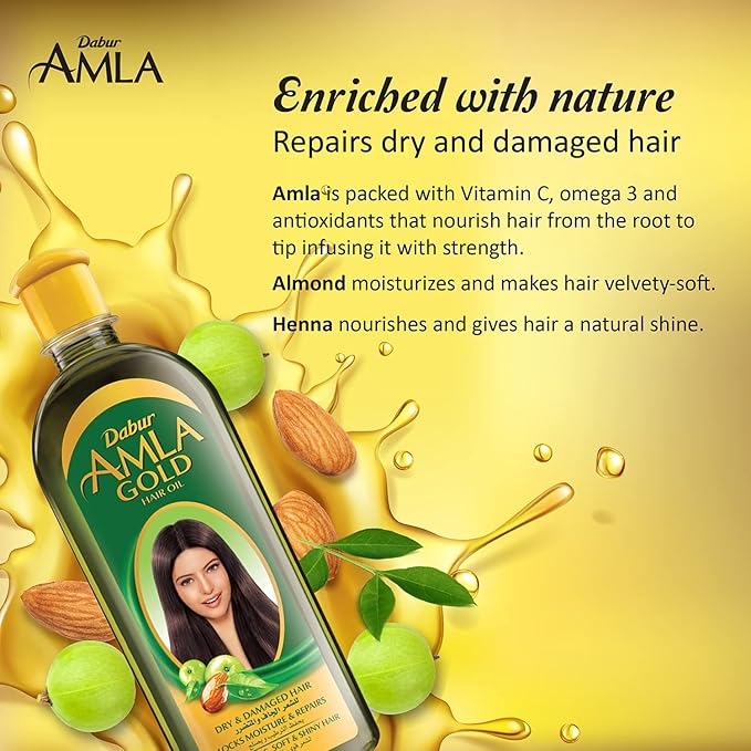 Refect Beauty Vatika Dabur Amla Gold hair oil bottle with amla fruit, almonds, and hair care benefits text overlay