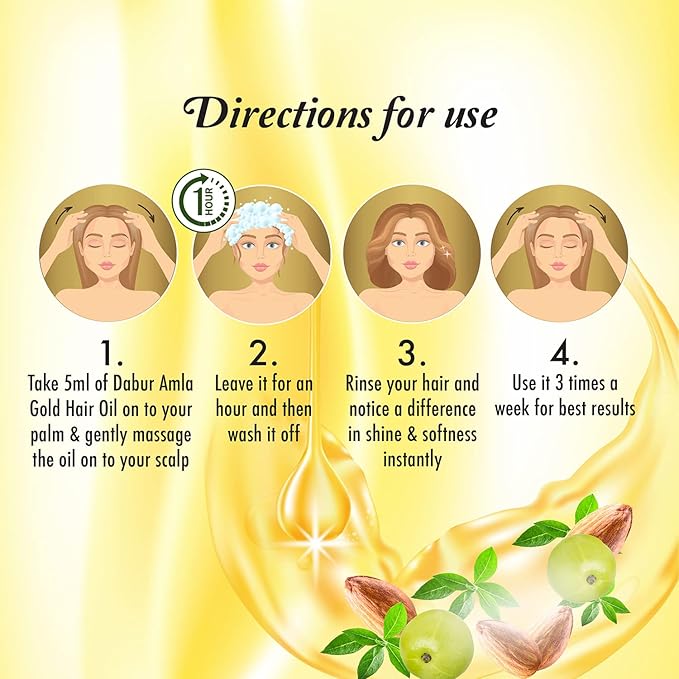 Refect Beauty Vatika Dabur Amla Gold hair oil usage instructions infographic showing application steps