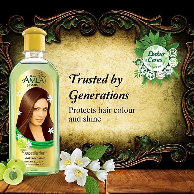 Refect Beauty Vatika Dabur Amla Jasmine hair oil bottle with amla fruit and jasmine flowers for shiny colored hair