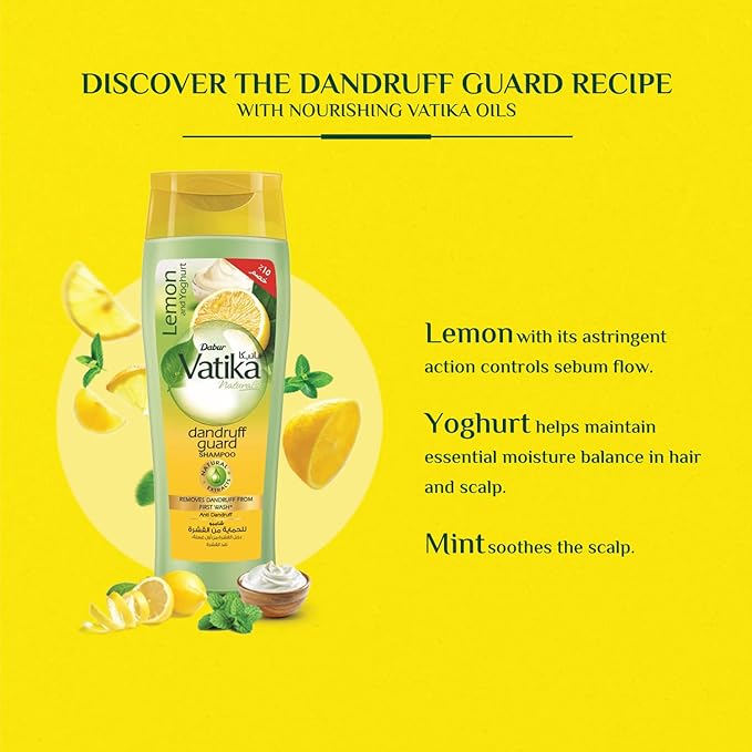 Refect Beauty Vatika Dabur Lemon and Yoghurt Dandruff Guard Shampoo bottle with natural ingredients and text overlay