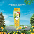 Refect Beauty Vatika Dabur Lemon and Yoghurt Dandruff Guard Shampoo bottle on a stone surface with fresh ingredients