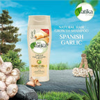Refect Beauty Vatika Dabur Garlic Natural Hair Growth Shampoo bottle with garlic cloves on a natural outdoor background