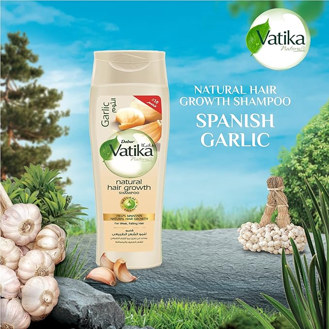 Refect Beauty Vatika Dabur Garlic Natural Hair Growth Shampoo bottle with garlic cloves on a natural outdoor background