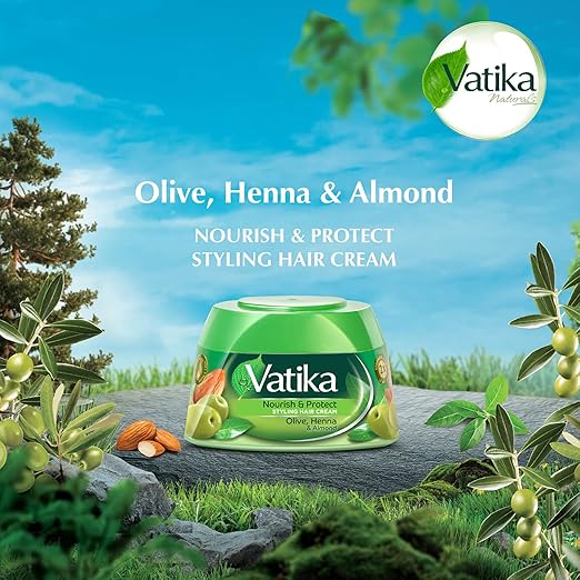 Refect Beauty Vatika Naturals Nourish & Protect hair cream jar with henna, almond, and olive extracts on a stone surface.