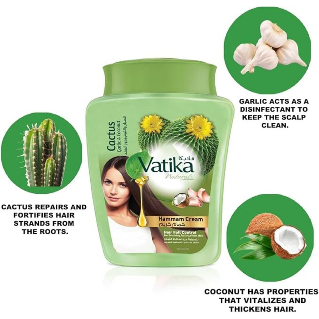 Refect Beauty Vatika Hammam Cream with cactus, garlic, and coconut for hair strengthening and moisture replenishment.